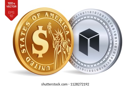 Neo. Dollar coin. 3D isometric Physical coins. Digital currency. Cryptocurrency. Golden and silver coins with Neo and Dollar symbol isolated on white background. Vector illustration.