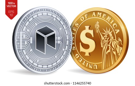 Neo. Dollar coin. 3D isometric Physical coins. Digital currency. Cryptocurrency. Golden and silver coins with Neo and Dollar symbol isolated on white background. Vector illustration.