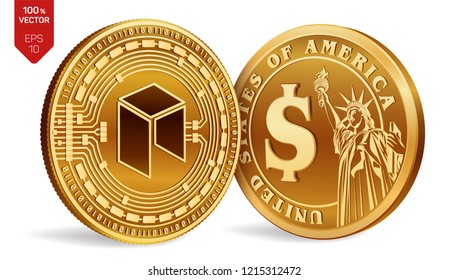 Neo. Dollar coin. 3D isometric Physical coins. Digital currency. Cryptocurrency. Golden coins with Neo and Dollar symbol isolated on white background. Vector illustration.