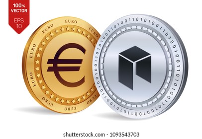 Neo. Euro coin. 3D isometric Physical coins. Digital currency. Cryptocurrency. Golden and silver coins with Neo and Euro symbol isolated on white background. Vector illustration.