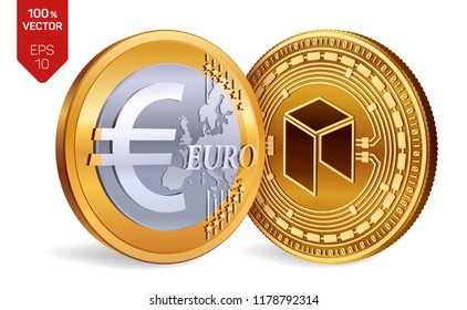 Neo. Euro coin. 3D isometric Physical coins. Digital currency. Cryptocurrency. Golden coins with Neo and Euro symbol isolated on white background. Vector illustration.