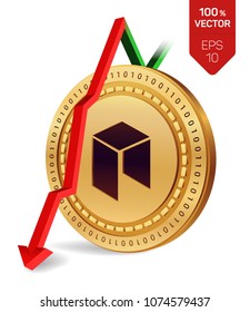 Neo. Fall. Red arrow down. Neo index rating go down on exchange market. Crypto currency. 3D isometric Physical Golden coin isolated on white background. Vector illustration.