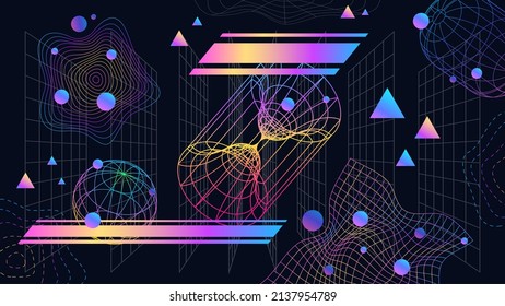 Antecedentes abstractos neofuturistas con cuadrículas y formas 3d. Diseño de cibertrama retro gráfico con wireframe neón. Banner vectorial de tecnología de juegos de los años 90. Figuras geométricas de color brillante, formas onduladas