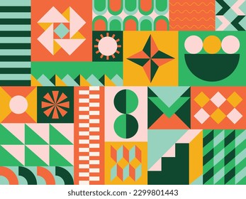 Neo geo abstract artwork design. Geometric retro funky bauhaus style background template in bright green and orange colors vector