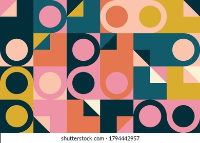 Neo geo artwork of vector abstract composition design made with colorful geometric shapes and simple geometrical figures, useful for web background, poster fine arts, cover front page and prins.