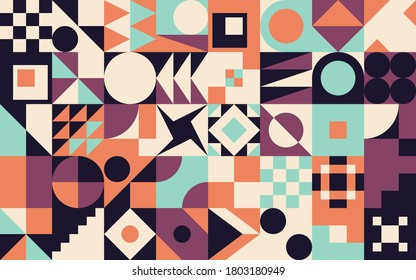 Neo geo artwork of vector abstract composition design made with colorful geometric shapes and simple geometrical figures, useful for web background, poster fine arts, cover front page and prins.