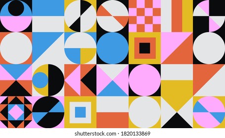Neo geo artwork of vector abstract composition design made with colorful geometric shapes and simple geometrical figures, useful for web background, poster fine arts, cover front page and prins.