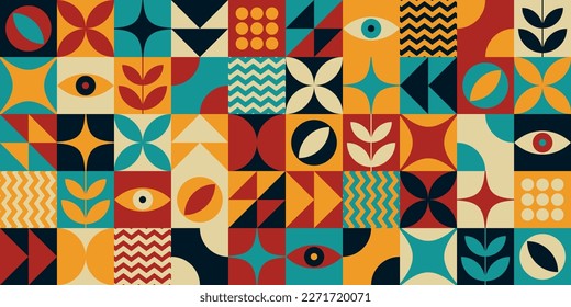 
Neo geo bauhaus style abstract seamless pattern background made with simple geometric shapes. 60s, 70s, 80s, 90s, retro, vintage, memphis, contemporary, modern, minimalist, flat vector illustratratio
