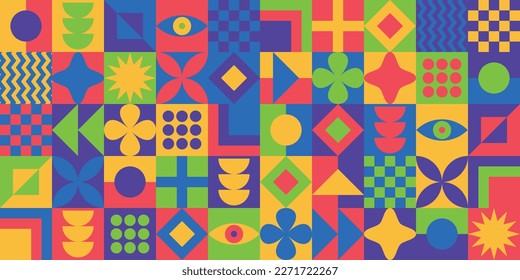 Neo geo bauhaus style abstract seamless pattern background made with simple geometric shapes in vivid colors. 60s, 70s, 80s, 90s, retro, vintage, memphis, contemporary, modern, minimalist, stylish.