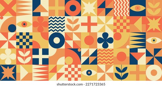 Neo geo bauhaus style abstract seamless pattern background made with simple geometric shapes in vivid colors. 60s, 70s, 80s, 90s, retro, vintage, memphis, contemporary, modern, minimalist, stylish.