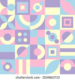 Neo Geo Design Pattern with Unique Geometric Shapes. Blue, Pink, Purple, White Color Theme. Vector Graphic Geometry Background. Good for Banner, Decoration, Printing Element Template, etc
