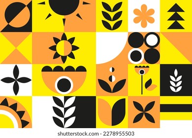 Neo geo floral pattern. Geometric background with simple shapes and flowers.