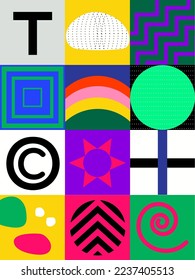 Neo Geo Muster. Abstrakter geometrischer Hintergrund. Neo Geo Nahtlose Muster Design. Maximalismus. Abstrakte Muster Trendy mit Platz und runde Farben. 