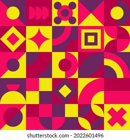 Neo Geo Pattern with Unique Shapes. Geometry Pink Purple Yellow Color Theme. Good for Blanket, Bed Sheet, Curtain, Pillow Case, Wallpaper, etc