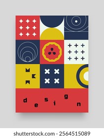 Neo geo poster. Abstract color card. Minimal figures collage. Bright squares. Flat stars and crosses. Bauhaus block shapes. Modern geometric composition. Circle forms. Vector brutalist banner design