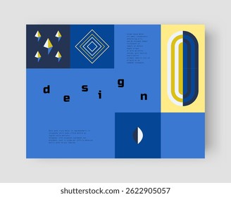 Neo geo poster. Abstract color card. Minimal figures collage. Flat rhombus and concentric circles. Bauhaus block shapes. Bright squares. Modern geometric composition. Vector brutalist banner design