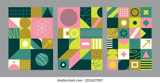 Neo geo posters. Geometric patterns. Abstract, trendy, modern and colorful covers, cards or brochures. Vector illustrations. Basic geometrical shapes. Graphic and minimalist backgrounds.