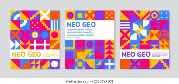 Neo geo posters. Modern abstract background with geometric shapes. Geometry grid. Vector illustration.