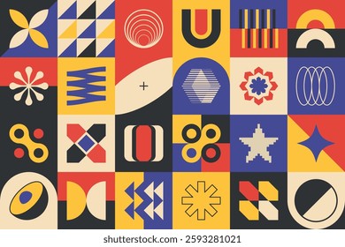 Neo geo seamless pattern with abstract geometric shapes and symbols. Minimalist, brutalist, and bauhaus design. Swiss style postmodern wallpaper with structured blocks. EPS10 vector graphic.