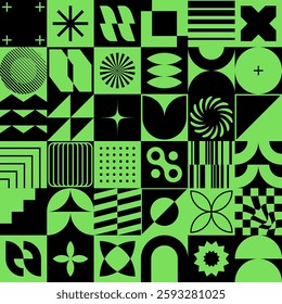 Neo geo seamless pattern with abstract geometric shapes and symbols. Minimalist, brutalist, and bauhaus design. Swiss style postmodern wallpaper with structured blocks. EPS10 vector graphic.