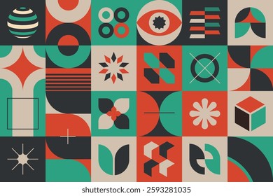 Neo geo seamless pattern with abstract geometric shapes and symbols. Minimalist, brutalist, and bauhaus design. Swiss style postmodern wallpaper with structured blocks. EPS10 vector graphic.