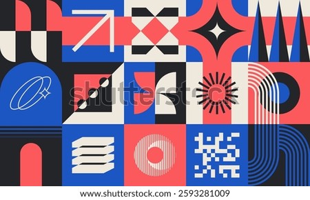 Neo geo seamless pattern with abstract geometric shapes and symbols. Minimalist, brutalist, and bauhaus design. Swiss style postmodern wallpaper with structured blocks. EPS10 vector graphic.