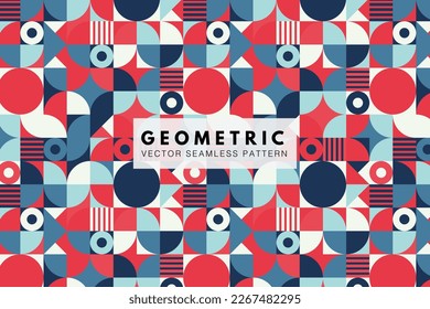 Neo geo seamless pattern. Colorful square and circle geometric shapes. Vector trendy red and blue colored abstract background