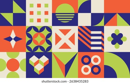 Neo geo style artwork in bright colors. Shapes layout background design vector for wallpaper, banner, wall art, and more.