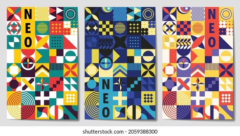 Neo geometric abstract modern colorful background poster. geometrical shapes. promotional flyer vector illustration set. Geometric template, brochure neo pattern