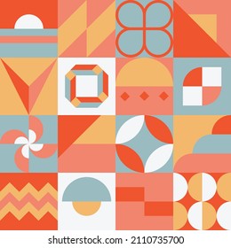 Neo geometric artwork design with soft color palette. Retro mid century seamless pattern design with flat simple shapes. Vintage Background vector eps 10