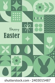 Neo geometric Easter poster. Modern abstract background. Vertical flyer, greeting card, header for website. Pattern with green simple symbols. Vector illustration in bauhaus minimalist style.
