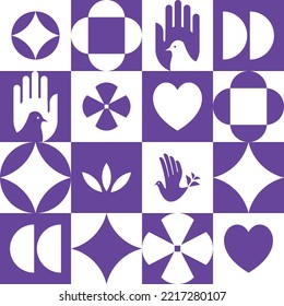 Neo geometric flat vector pattern with square, dove peace, hearts, semicircles, leaves, cross, rhombus and hand symbols. Abstract violet concept for Easter and Peace Day posters, postcards, textile.