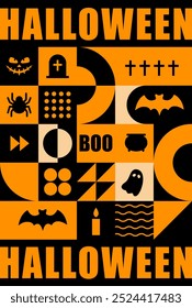 Neo geometric Halloween poster. Modern abstract background. Vertical flyer, greeting card, header for website. Pattern with orange simple symbols. Vector illustration in bauhaus minimalist style.