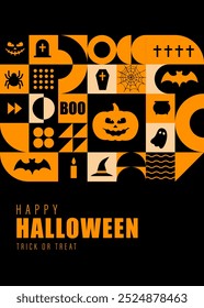 Neo geometric Halloween poster. Modern abstract background. Vertical flyer, greeting card, header for website. Pattern with orange simple symbols. Vector illustration in bauhaus minimalist style.