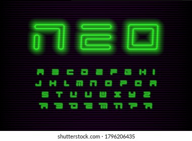Neo geometric letters set. Green futuristic font. Neon modern style vector latin alphabet on black background. Font for cyber monday event, promo, logo, banner, monogram and poster. Typeset design
