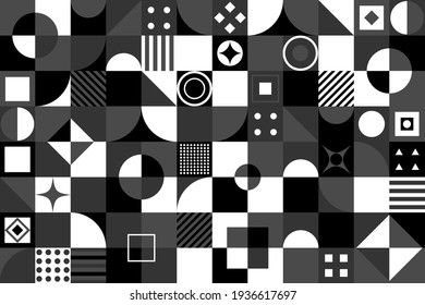 Patrón geométrico con círculos, triángulos, cuadrados y líneas.  Fondo abstracto de vector blanco y negro.