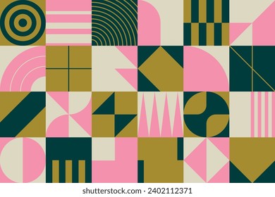Patrón geométrico con formas modernistas. Resumen inspirado en Bauhaus. Ilustraciones vectoriales planas para portada, afiche o web.
