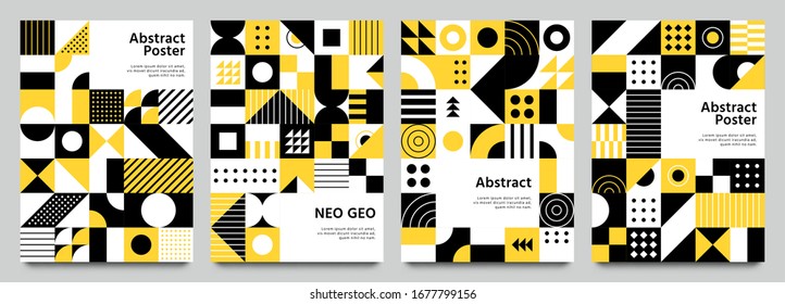 Neo geometric posters. Modern grid pattern with geometrical shapes. Abstract yellow, white and black backgrounds vector set. Geometric brochure yellow and white, geo pattern bright illustration