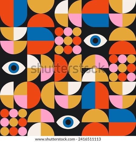 Neo Geometric Seamless Patterns Bauhaus Style with eyes, Colorful geometric mosaic seamless pattern illustration with creative abstract shape