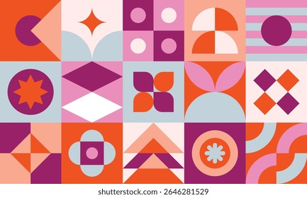 Neo geometric style background design vector in bright fun blue, pink, and purple colors