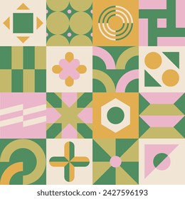 Neo geometry abstract design. Square illustration collage in soft green, brown, and pink colors palette. 