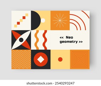 Neogeometria. Fundo de formas geométricas diferentes. Colagem de ladrilhos de cores abstratas. Estilo Bauhaus. Composição mínima moderna. Folheto e folheto. Ilustração gráfica contemporânea isolada por vetor