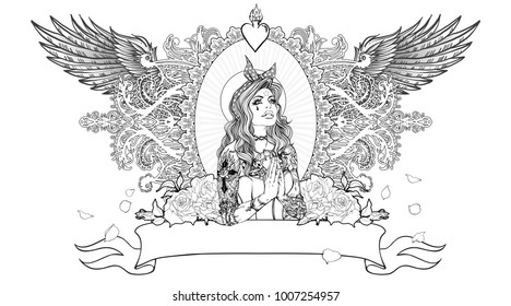 Neo Getto praying Virgin Mary.
Contemporary catholic concept.Tattooed diva.
Vector illustration for tattoo salon, fashion brand and adult coloring book.Retro ornate style.Element grunge vintage style.