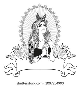 Neo Getto praying Virgin Mary.
Contemporary catholic concept.Tattooed diva.
Vector illustration for tattoo salon, fashion brand and adult coloring book.Retro ornate style.Element grunge vintage style.