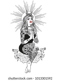 Neo Getto praying Virgin Mary.
Contemporary catholic concept.Tattooed diva.
Vector illustration for tattoo salon, fashion brand and adult coloring book.Retro ornate style.Element grunge vintage style.