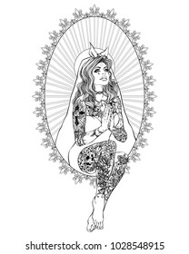 Neo Ghetto praying Virgin Mary.Contemporary catholic concept.Tattooed diva.
Vector illustration for tattoo salon, fashion brand and adult coloring book.Retro ornate style.Element grunge vintage style.