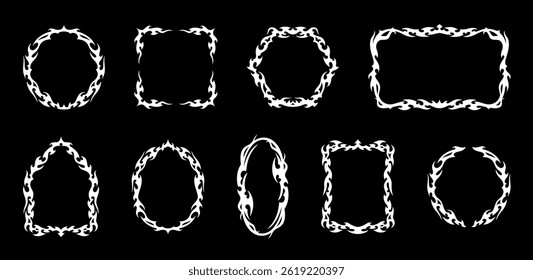 Conjunto de quadros tribais neogóticos. Vetor circular, retangular, oval, hexágono e arqueado bordas brancas apresentam chama como elementos. Formas ornamentais de terror, fantasia emo estilo molduras com espinhos ou espinhos