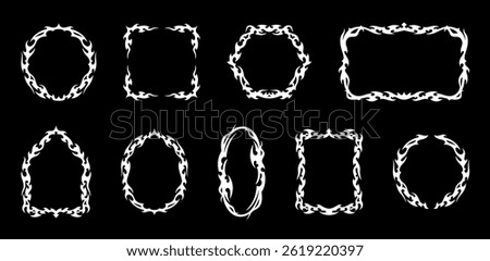 Neo gothic tribal frames set. Vector circular, rectangular, oval, hexagon and arched white borders feature flame like elements. Horror ornamental shapes, fantasy emo style frames with spikes or thorns