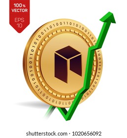 Neo. Growth. Green arrow up. Neo index rating go up on exchange market. Crypto currency. 3D isometric Physical Golden coin isolated on white background. Vector illustration