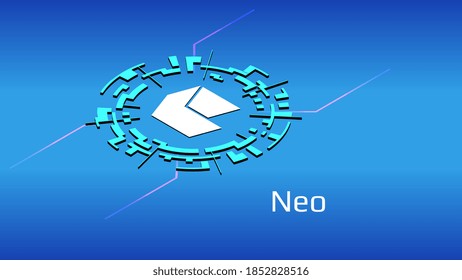 Símbolo Neo isométrico simbólico en círculo digital sobre fondo azul. Icono de criptodivisa. Ilustración vectorial para sitio web o banner.